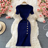 Fongt Version Of The Solid Color Collar Buckle Body Short Sleeve Elastic Knitted Forked And Left-Sleeved Dress 0022
