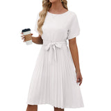 Summer New Round Collar Short Sleeve Tie Pleated Skirt Casual Dress-Outfit