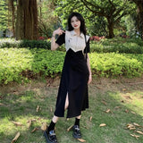 Sleeve Dress Women Summer Retro Tender French Style High Waist Design Patchwork Side-slit Elegant Chic Office Lady New