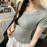 Elastic Skin-Friendly Threaded Straight Shoulder Low Round Collar Short-Sleeved T-Shirt New Summer Slim Blouse With Thin