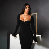 Solid Long Flared Two-piece Crop Sleeve Midi Dress-Outfit