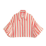 Fongt Short Top 2025 Spring New Five-Point Sleeve Bubble Bubble Sleeve Loose Stripe Small Shirt