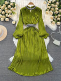 Light And Extravagant Miyake Pleated Long-Sleeved Diamond-Encrusted Vertical Collar Waist Showing Thin Bright Face A-Shaped Dress Dress-Outfit