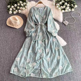 Fongt French Wind And Breeze Floral Dress Women's Autumn Mesh Embroidered Lantern Cuff Strap Design Chic Super Fairy Dress