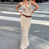 Fongt Summer In Women's New Hollow Perspective Sling Knitted V-Neckless Sleeveless Long Dress