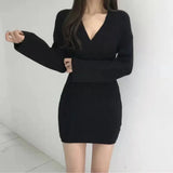 Fongt Korea Chic Spring And Autumn New Sexy Careful Machine Cross V Collared Hip Dress Women Knitted Short Skirt Sweater