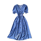 Dress Women's Aging Bubble Cuff Buckle Slimming Medium-Long Heart Machine Forked Retro Broken Flower Platycodon Grandiflorum Skirt-Outfit