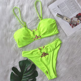 Fongt New Sexy Swimsuit Metal Accessories Hollow Bikini Solid Color Strapless High Waist Women's