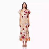 Fongt 2025 New Light Luxury Collar Embroidered Three-Dimensional Flower Bubble Sleeve Long Dress Bag Hip