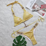 Fongt New Strap Neck Bikini Sexy Shiny Gold Crystal Diamond Swimsuit
