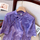 Button-Down Blouse Women 2023 Summer Style Retro Silk Shirt Women's Short-Sleeved Five-Sleeve Shirt-Outfit