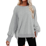 Fongt Women's Clothing 2025 Autumn And Winter New Women's Large Round-Neck Sweatshirt Side Open Fork Long-Sleeved Sweater