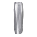 Fongt Women's Spring 2023 New Temperament Fashion High Waist Open Slit Show Thin Hip Skirt PU Leather Long Skirt-Outfit