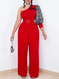 Fongt With Belt Women's Slanted Shoulder Sexy Waist Temperament Broad Leg Size Jumpsuit