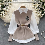 Fongt Style High-Level Light Luxury Lady Suit Women Autumn And Winter Solid Color Loose Long-Sleeved Shirt + Sleeveless Knitting Vest