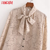 Women Oversized Flowers Print Bow Neck Chiffon Shirt Long Sleeve Chic Female Casual Loose Shirt
