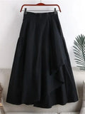 Slim Long Skirt High Waist Casual Versatile Button Design Midi Skirt Elastic Waist LOOSE A-LINE Large Swing Black