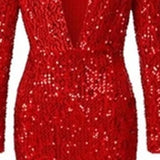 Fongt Winter New Women's Dress Fishtail Red Bright Crystal Long Sleeve V-Neck Dress Long
