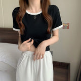 Fongt Color Round Collar Short-Sleeved T-Shirt Female 2024 New Summer Bottom Shirt Korean Version Slim Short Student Top