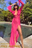 Through Women's Summer Mesh Dress for Beach V Neck Long Sleeve Transparent Maxi Dresses for Women Beachwear Pink