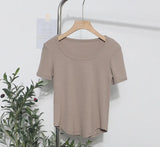 Solid Color Irregular U-Neck Short-Sleeved T-Shirt Woman Xia Slimming Leisure Short Coat