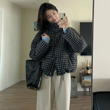 Black Plaid Down Jacket Women's Short 2024 New Design Woolen Retro And Thick Bread Coat-Outfit