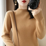 Fongt 2024 Autumn / Winter New Women's Korean Version Slim Half High Collar Short Solid Color Bottom Sweater-Outfit
