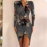 Wise Style Autumn And Winter Long Sleeve V Neck Print Tight Slit Dress Women's Wear-Outfit