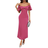 Fongt New Women's Temperament Solid Color Peach Heart Temperament Short-Sleeved Long Dress Dress Woman
