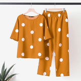 Bohemian Summer Polka Dots Printed Holiday Matching Sets Long Sleeve O-Neck High Low Blouse Femme Fashion Casual