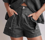 Fongt Summer Women's Casual Retro Loose Shirt Denim Shorts Set Denim