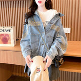 Fongt Sense Sequins Lazy Style Korean Version Denim Jacket Female Autumn 2024 New Style Loose Short Versatile Jacket-Outfit