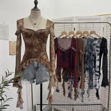 Double-Layer Screen Printing Hottie Retro Collar Horn Long-Sleeved Top Irregular Ribbon Short T-Shirt