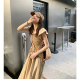 Sweet Slim High Waist Smocked Women Midi Dress Big Hem Square Neck Lady