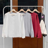 Solid Casual Cardigan Blouse Autumn Cotton Slim Long-Sleeved Shirt Women Wine Red Color Bottoming Shirt Blusas