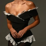Black Lace Trim Off -Shoulder Bodysuit-Outfit