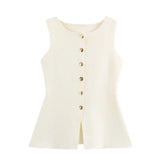 Fongt New Women's Uniform Pure Color Round Collar Single Buckle Sleeveless Simple Knitted Vest Top
