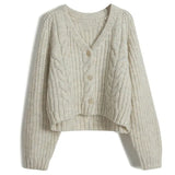 New Autumn Fashion Twist Solid Color Knitted Cardigan Women's Sweater Short Top Loose Sweater Thick Needle-Outfit