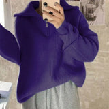Women Rib Knitting Open Zipper Lapel Sweater 2021 Autumn Vintage Pullover Knitwear Long Sleeve Retro Ladies Knit Jumper