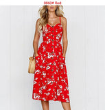 Boho Printed Beach Dress Women Spaghetti Straps Backless Sexy Dresses Female Casual Button Pocket Sleeveless Midi