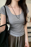 U-Collar Slim Shoulder Short T-Shirt Women 2024 Summer New Style Short Short-Sleeved Blouse