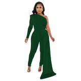 Fashion Women's Solid Color Diagonal Shoulder Cape One Shoulder Long Sleeve Trousers Jumpsuit-Outfit