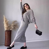 Fongt 2023 New Fashion Solid Color Hollow-Out Round Collar Top Casual Knit Skirt Suit-Outfit
