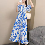 Fongt 2025 New French Holiday Collar Shoulder Short Sleeves To Show Thin Flowers Long Orange Truss Dress