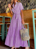 Fongt Spot 2024 New Fashion Stripe Short Sleeves Loose Medium And Long Dress-Outfit