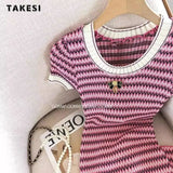 Women Short Sleeve Round Neck Striped Luxury Sheath Mini Dresses 2023 Summer Patchwork High Waist Slim Fit Knitting