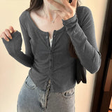 Short-Shouldered Long-Sleeved T-Shirt Women's New Autumn Cardigan Slim And Thin Round-Neck Bottomed Blouse-Outfit