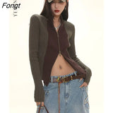Patchwork Slim Knitted Cardigan Women Double Zipper Long Sleeve Skinny Stand-up Collar Sweater Korean Style Jumper