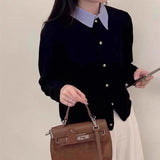 Fongt And Autumn 2025 Korean Version Of Temperament Age-Old Women's Design Sense Fashion Texture Splicing Fake Two Knitted Open Shirt
