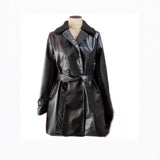 Fongt Women's Coat British Windy Thick Collar Long Leather Locomotive Leather Jacket Jacket Woman
